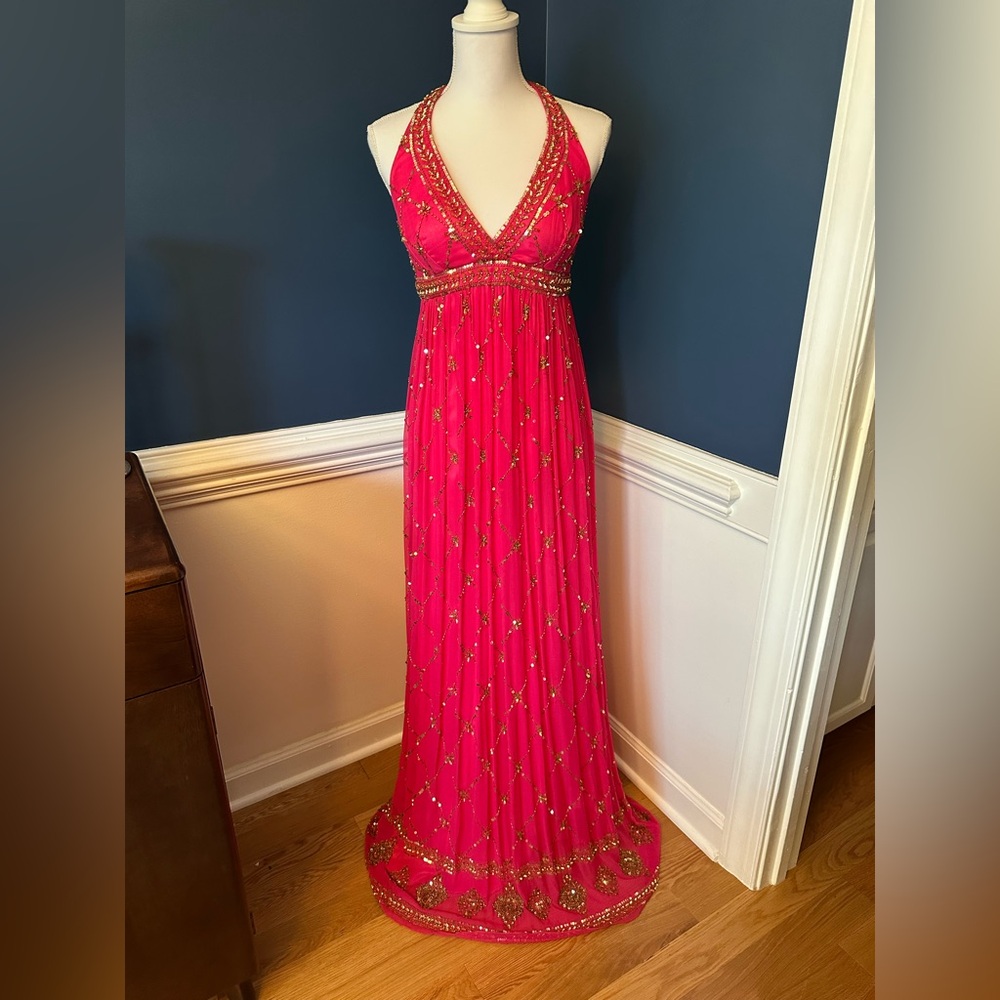 Vintage Cache Pink Silk Beaded Halter Maxi Dress Size 4